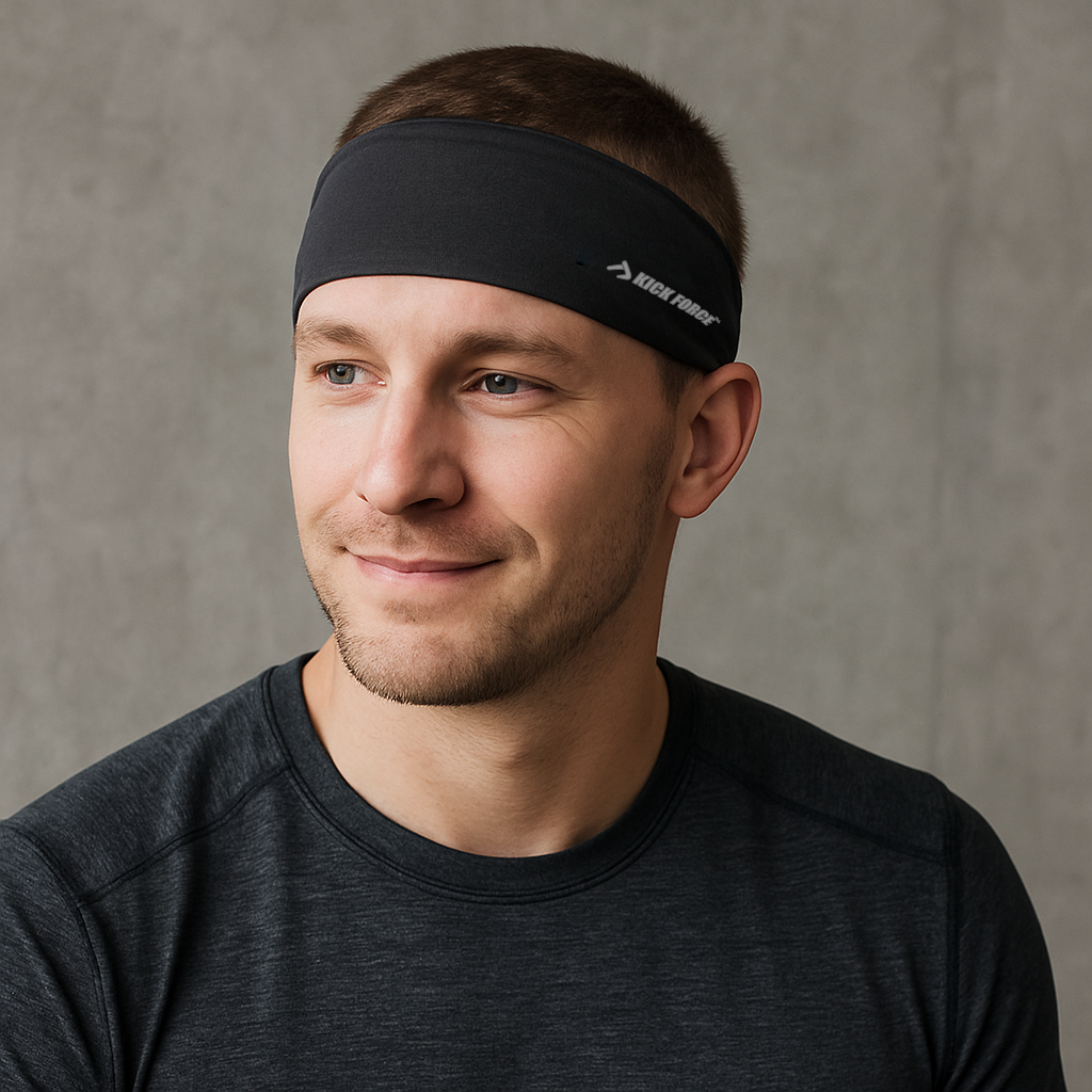 Man wearing a black headband with a Kick force logo against a gray background