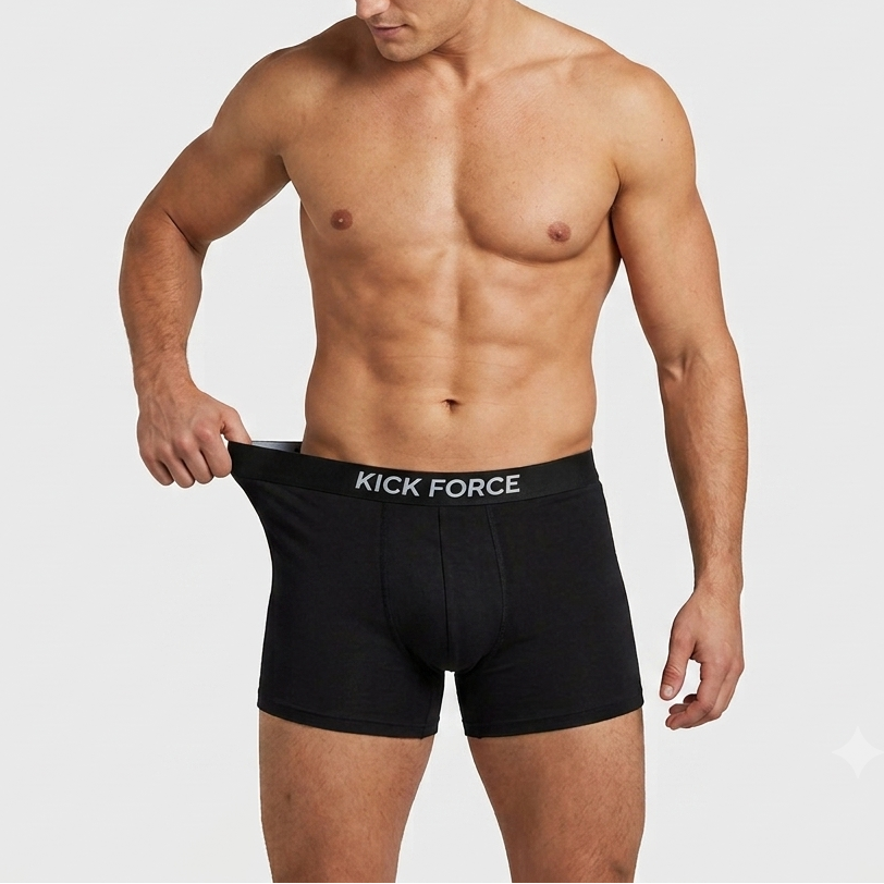 A shirtless male model wearing black boxer briefs with 'KICK FORCE' printed in white on the waistband, photographed against a light gray studio background.