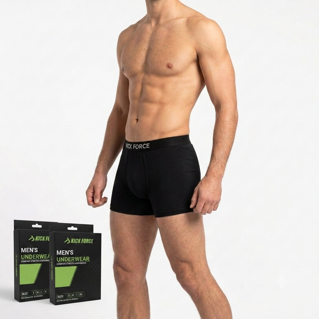 A shirtless male model wearing black Kick Force men's underwear stands against a light gray studio background, with two product boxes placed at the lower left.