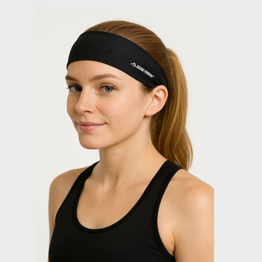 Woman wearing a black headband with a kickforce logo on a white background